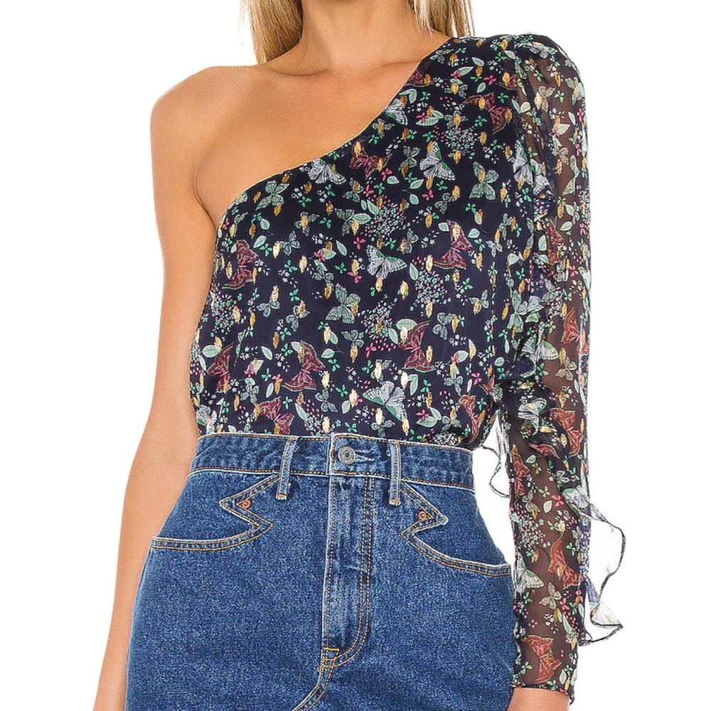 TULAROSA Rhea Top in Navy Butterfly Metallic Print One Shouldered